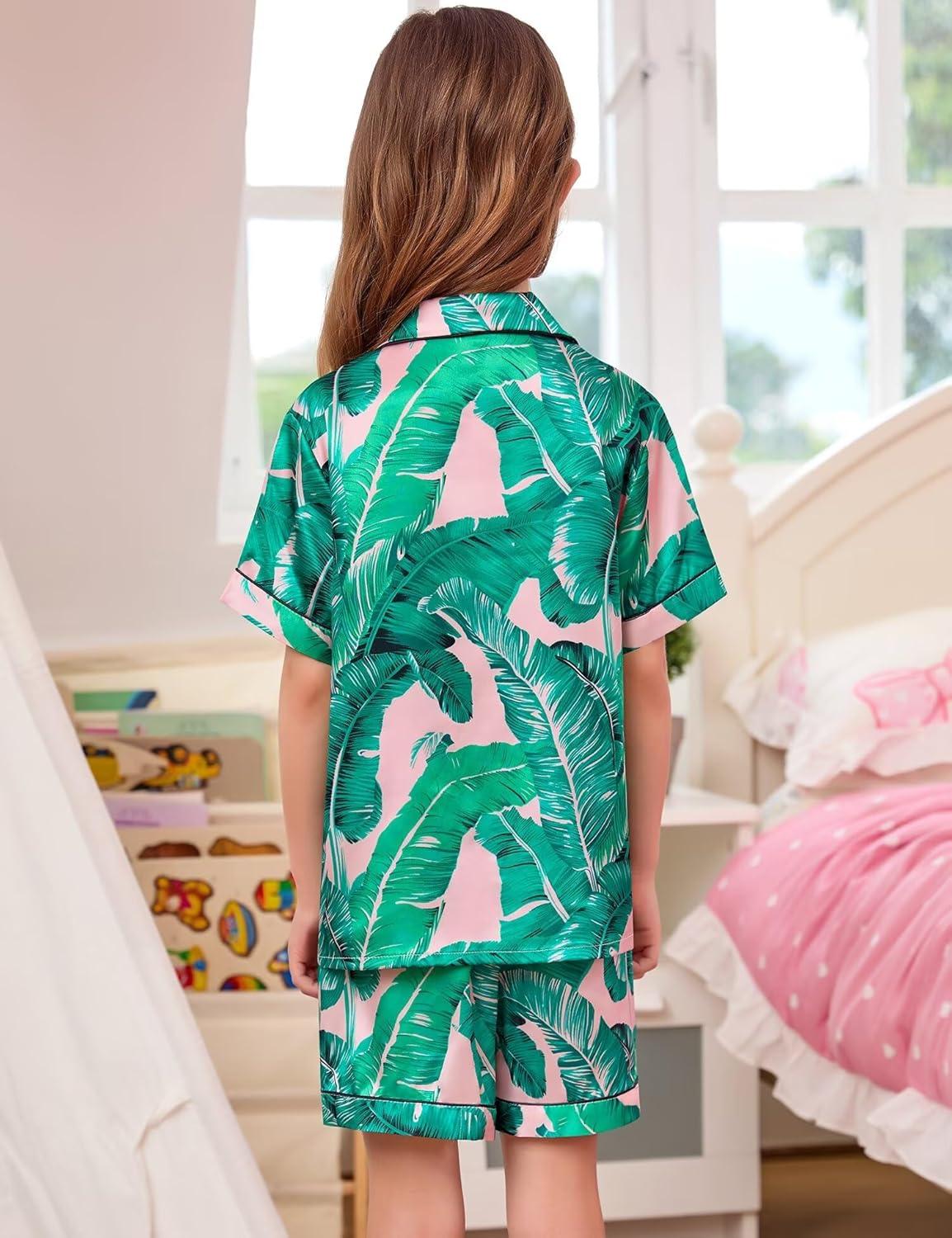 imageSWOMOG Girls Silk Satin Pajamas Set Kids ButtonDown PJs Sets Short Sleeve Cute Printed Sleepwear