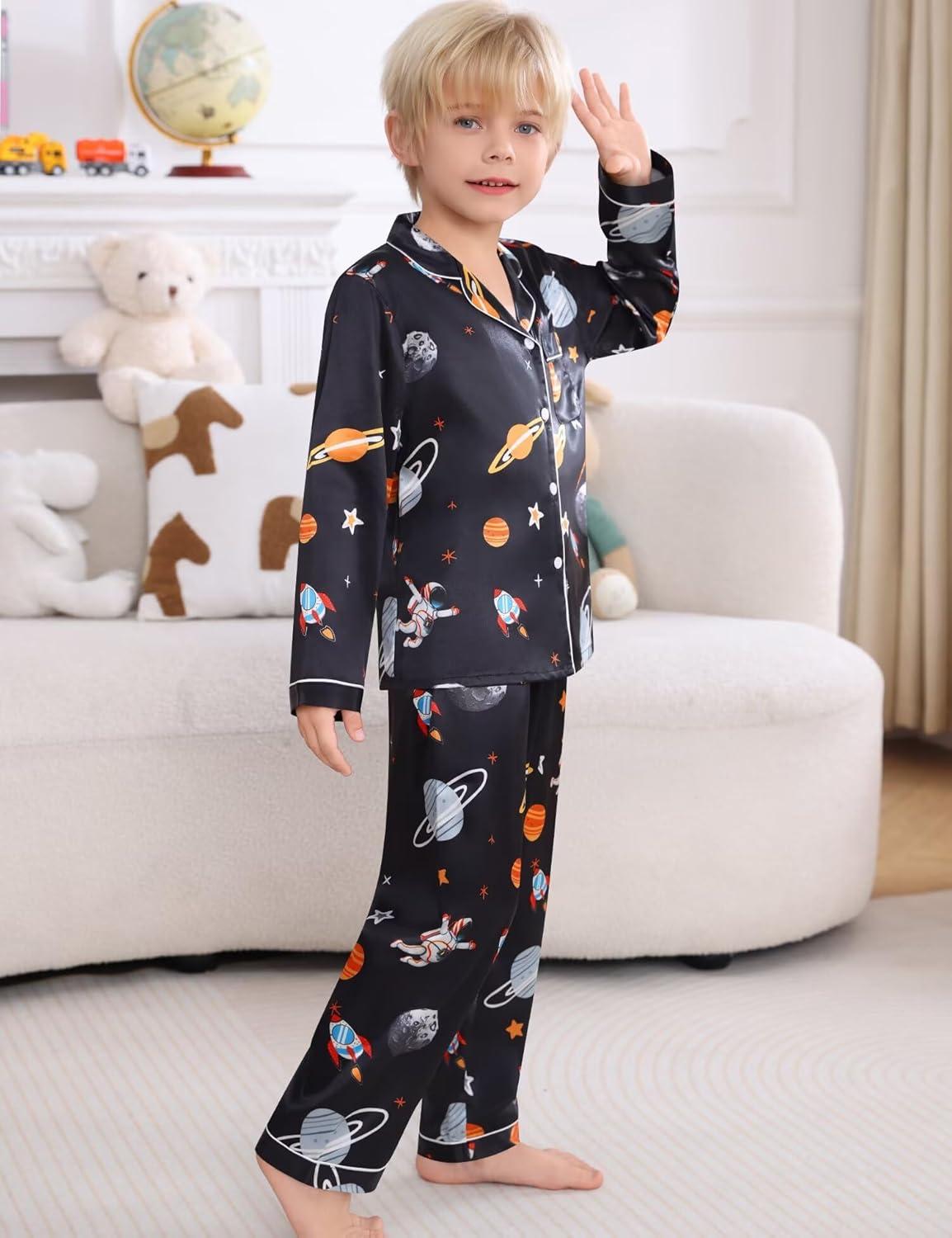 imageSWOMOG Kids Satin Pajamas Sets Girls Boys ButtonDown Pjs Short Sleeve Silk Nightwear 2 Piece Lounge SetsLong Sleeveblack Astronaut