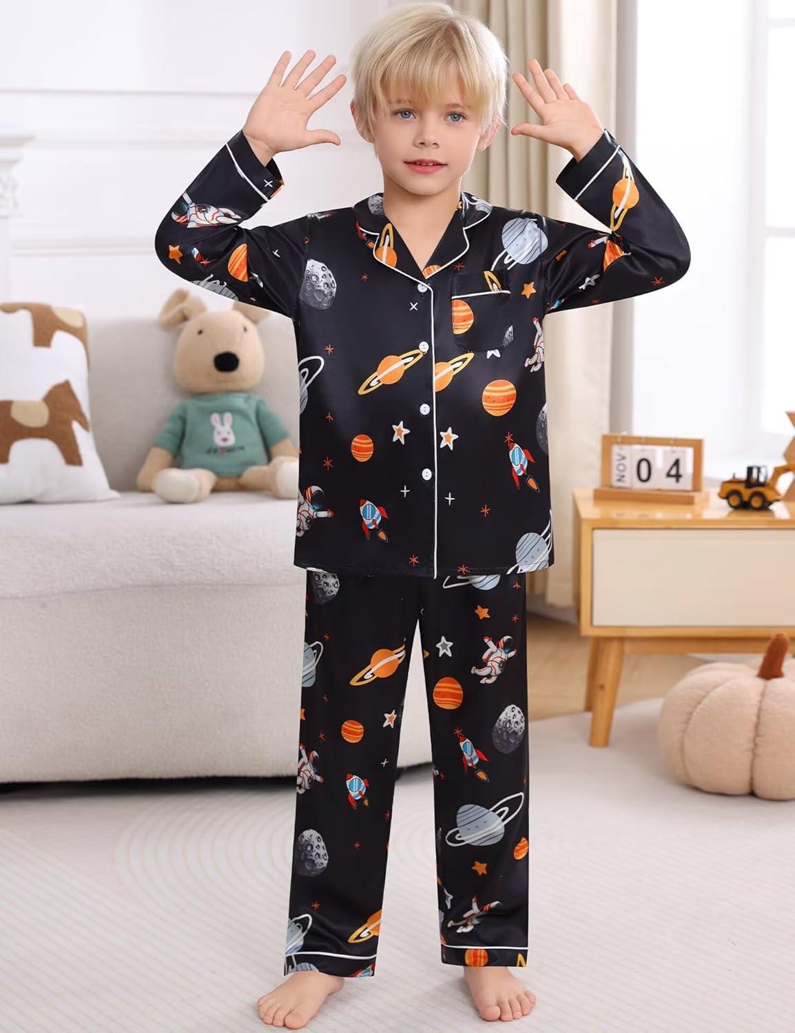 imageSWOMOG Kids Satin Pajamas Sets Girls Boys ButtonDown Pjs Short Sleeve Silk Nightwear 2 Piece Lounge SetsLong Sleeveblack Astronaut