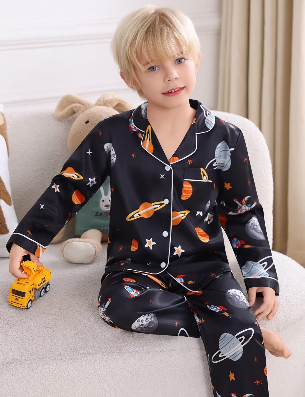 imageSWOMOG Kids Satin Pajamas Sets Girls Boys ButtonDown Pjs Short Sleeve Silk Nightwear 2 Piece Lounge SetsLong Sleeveblack Astronaut