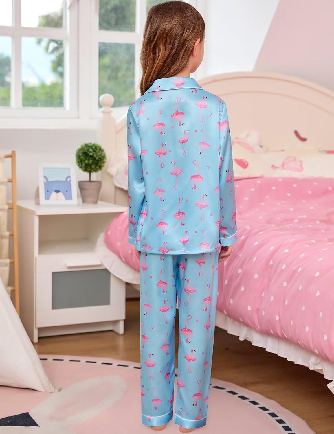 imageSWOMOG Kids Satin Pajamas Sets Girls Boys ButtonDown Pjs Short Sleeve Silk Nightwear 2 Piece Lounge SetsLong Sleeveblue Flamingo