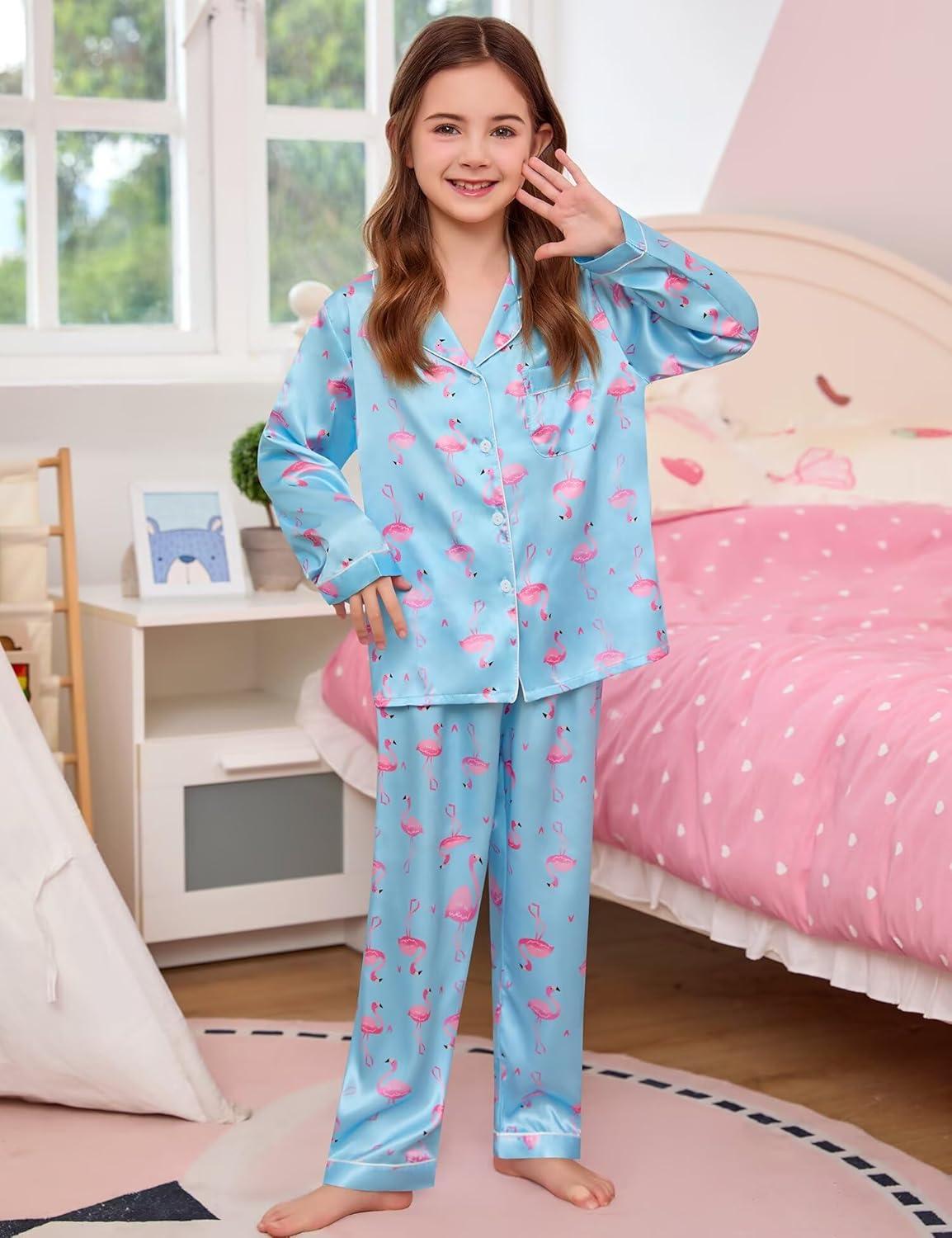 imageSWOMOG Kids Satin Pajamas Sets Girls Boys ButtonDown Pjs Short Sleeve Silk Nightwear 2 Piece Lounge SetsLong Sleeveblue Flamingo