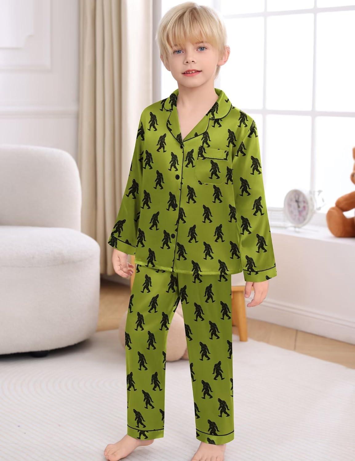 imageSWOMOG Kids Satin Pajamas Sets Girls Boys ButtonDown Pjs Short Sleeve Silk Nightwear 2 Piece Lounge SetsLong Sleevegreen Gorilla