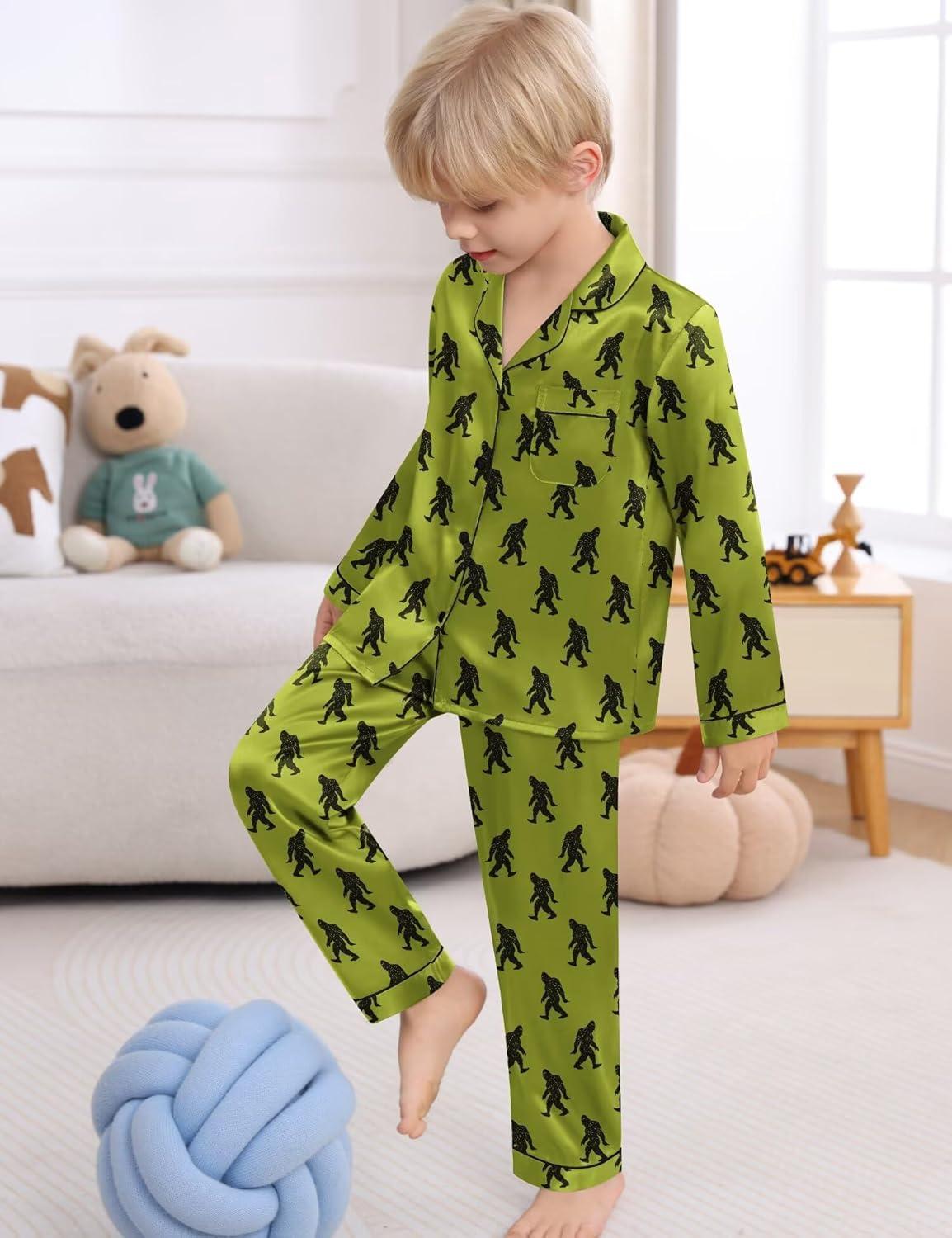 imageSWOMOG Kids Satin Pajamas Sets Girls Boys ButtonDown Pjs Short Sleeve Silk Nightwear 2 Piece Lounge SetsLong Sleevegreen Gorilla