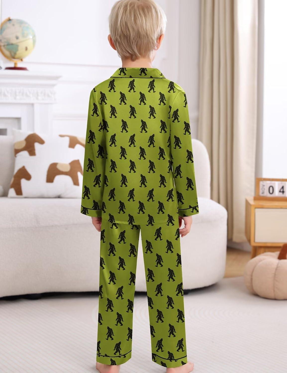 imageSWOMOG Kids Satin Pajamas Sets Girls Boys ButtonDown Pjs Short Sleeve Silk Nightwear 2 Piece Lounge SetsLong Sleevegreen Gorilla
