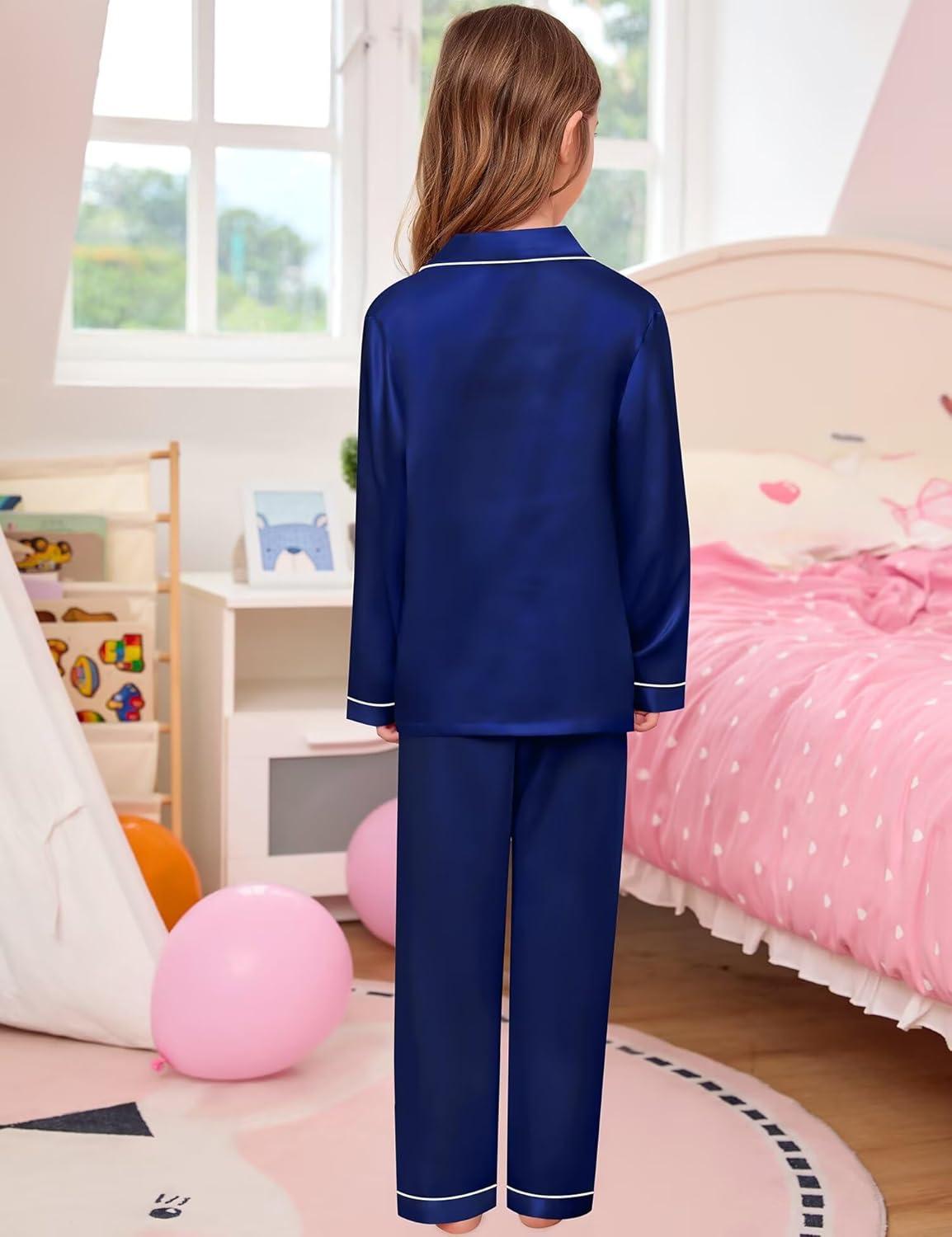 imageSWOMOG Kids Satin Pajamas Sets Girls Boys ButtonDown Pjs Short Sleeve Silk Nightwear 2 Piece Lounge SetsLong Sleevenavy Blue