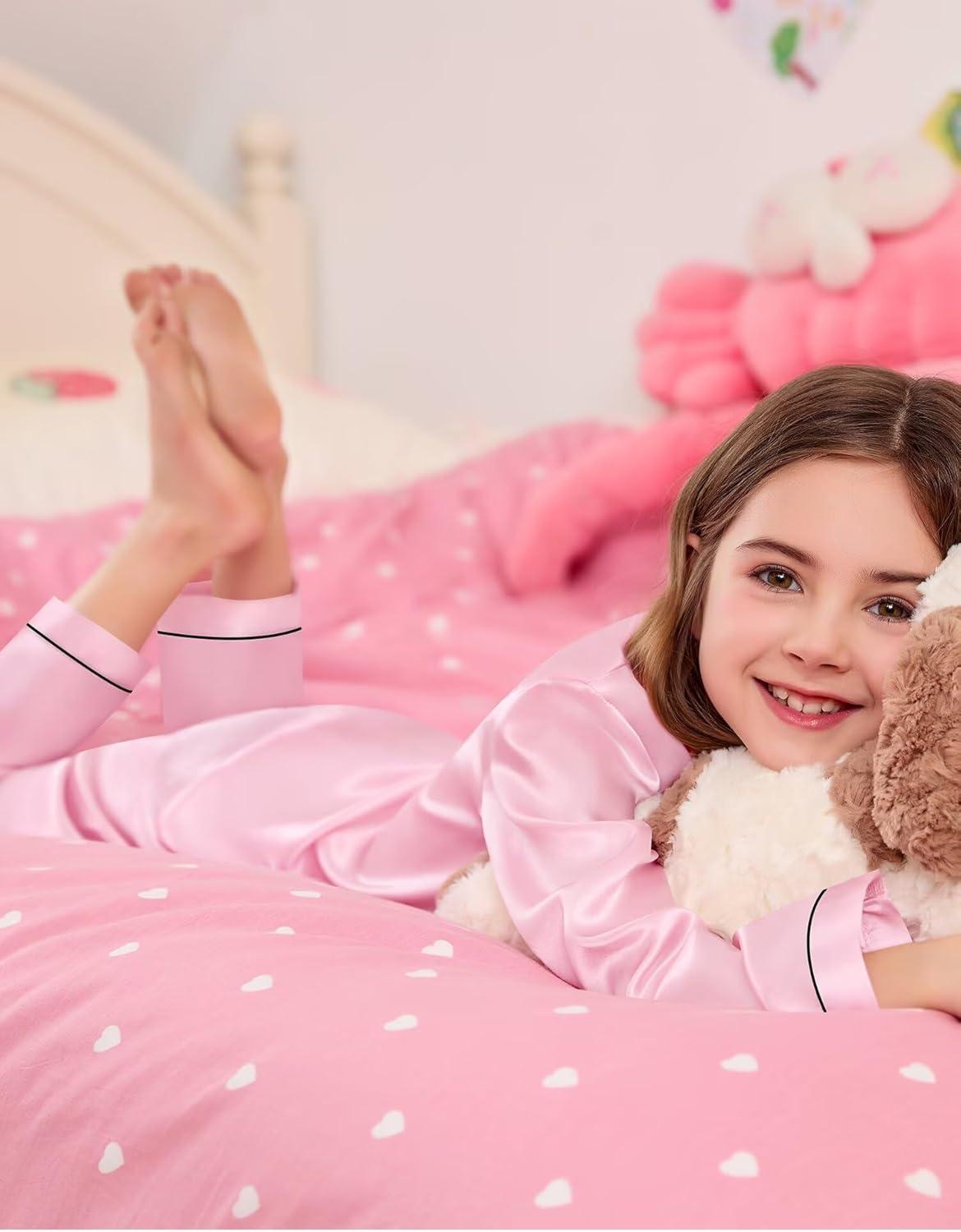 imageSWOMOG Kids Satin Pajamas Sets Girls Boys ButtonDown Pjs Short Sleeve Silk Nightwear 2 Piece Lounge SetsLong Sleevepink
