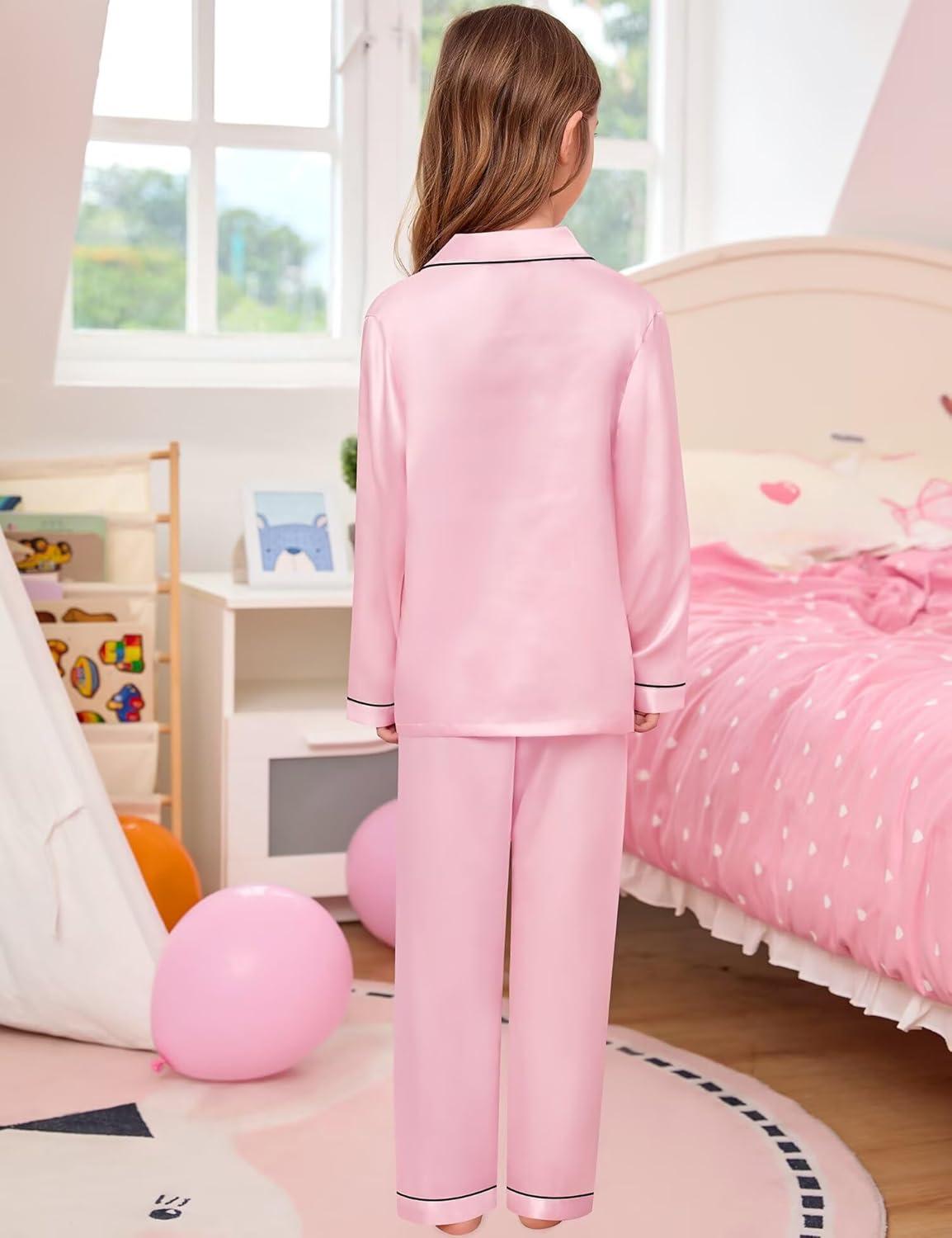 imageSWOMOG Kids Satin Pajamas Sets Girls Boys ButtonDown Pjs Short Sleeve Silk Nightwear 2 Piece Lounge SetsLong Sleevepink