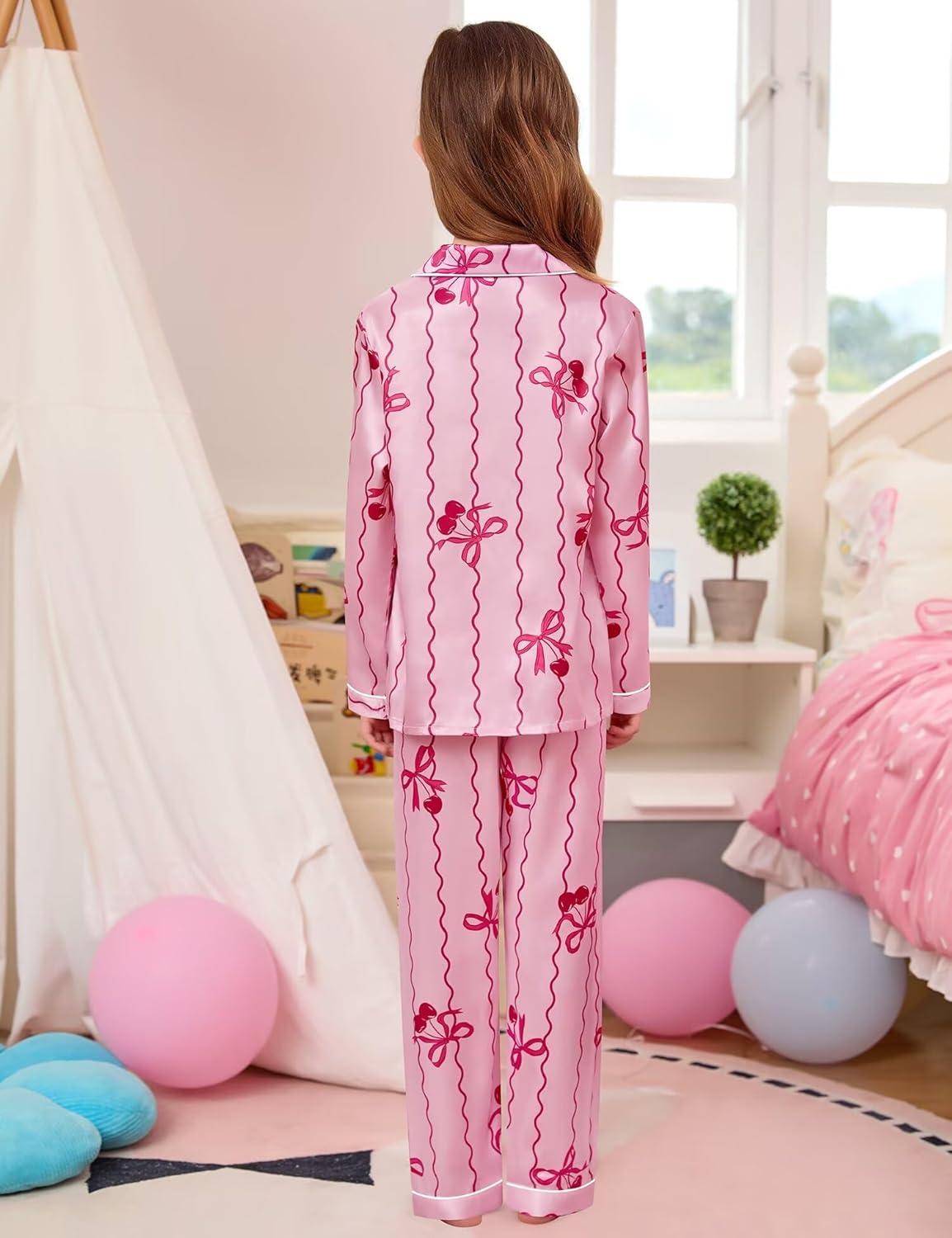 imageSWOMOG Kids Satin Pajamas Sets Girls Boys ButtonDown Pjs Short Sleeve Silk Nightwear 2 Piece Lounge SetsLong Sleevepink Bow