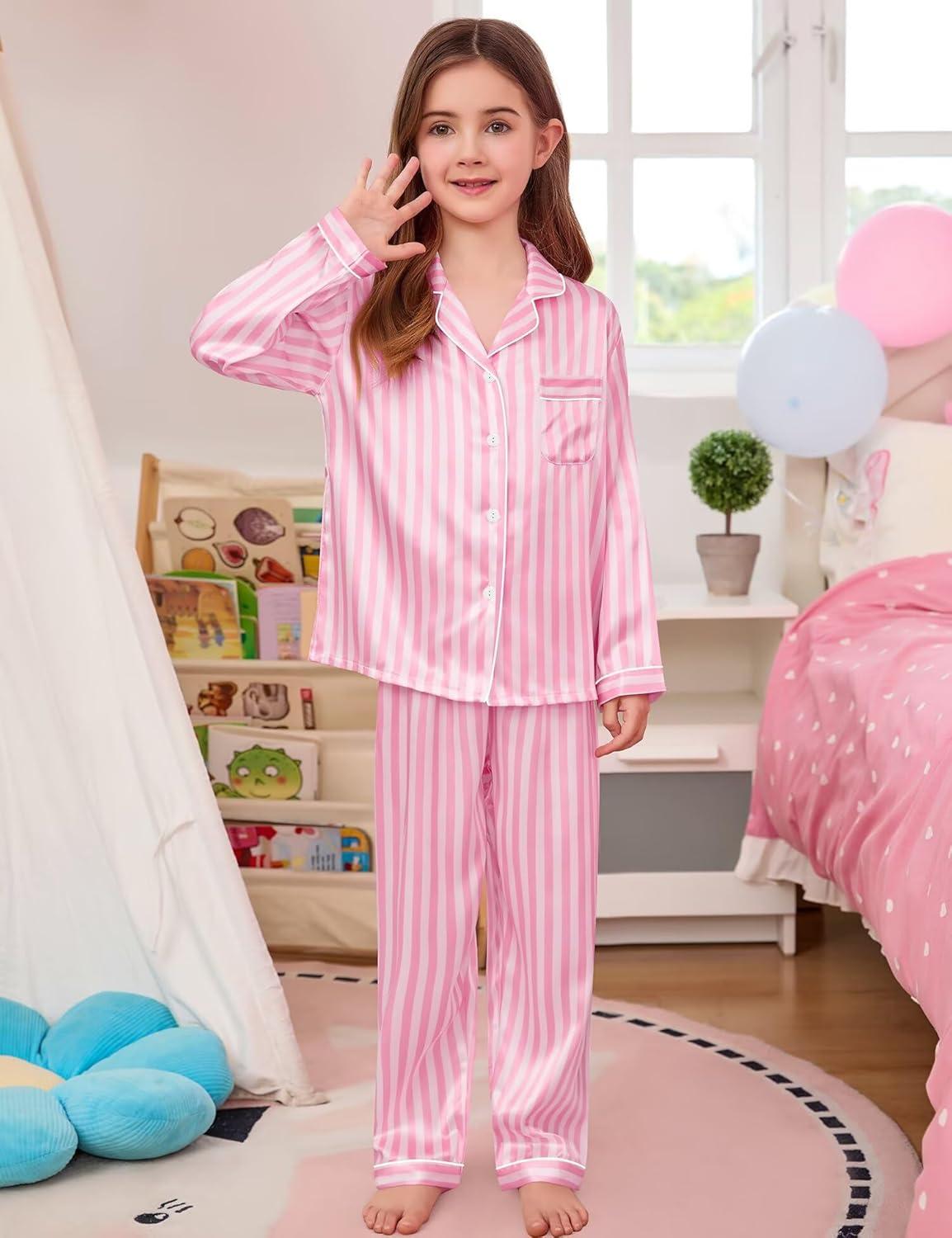 imageSWOMOG Kids Satin Pajamas Sets Girls Boys ButtonDown Pjs Short Sleeve Silk Nightwear 2 Piece Lounge SetsLong Sleevepink Striped