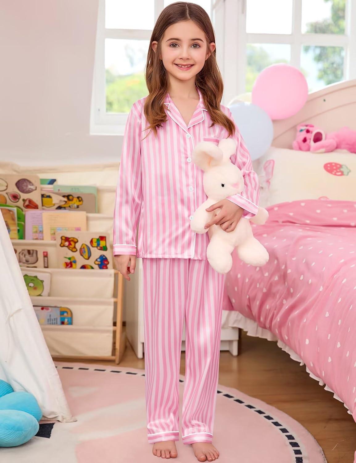 imageSWOMOG Kids Satin Pajamas Sets Girls Boys ButtonDown Pjs Short Sleeve Silk Nightwear 2 Piece Lounge SetsLong Sleevepink Striped