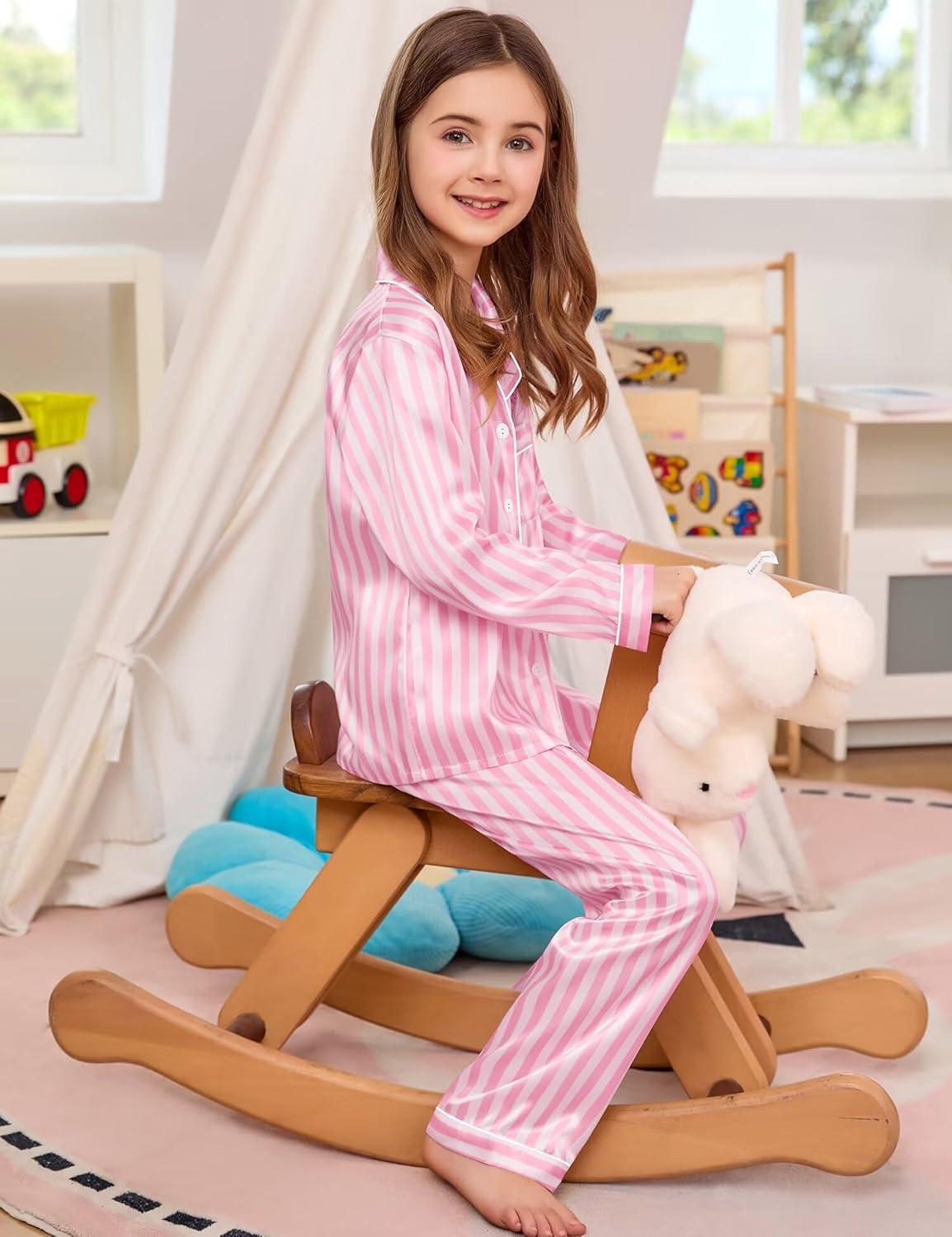 imageSWOMOG Kids Satin Pajamas Sets Girls Boys ButtonDown Pjs Short Sleeve Silk Nightwear 2 Piece Lounge SetsLong Sleevepink Striped