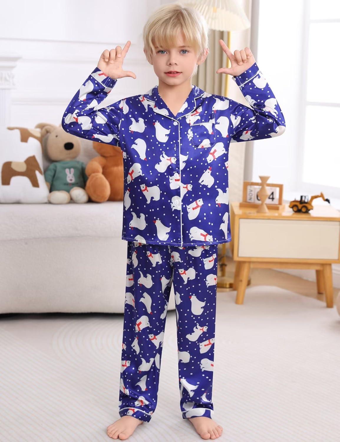imageSWOMOG Kids Satin Pajamas Sets Girls Boys ButtonDown Pjs Short Sleeve Silk Nightwear 2 Piece Lounge SetsLong Sleevepolar Bear Blue