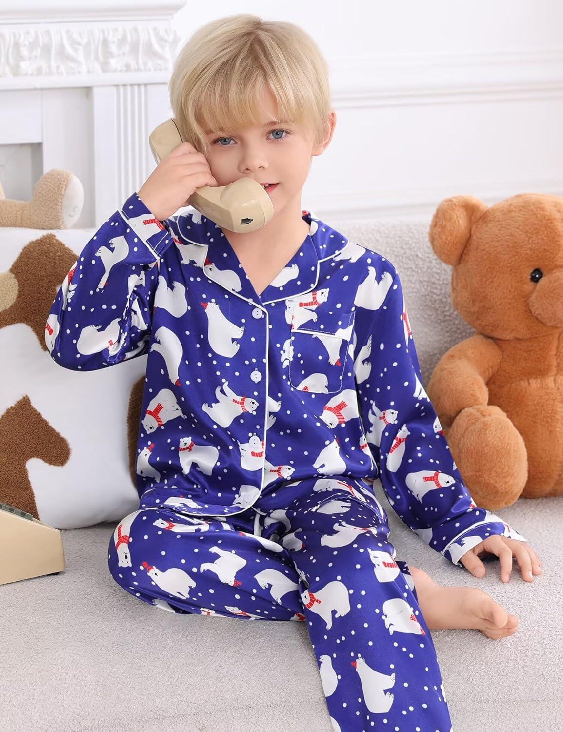 imageSWOMOG Kids Satin Pajamas Sets Girls Boys ButtonDown Pjs Short Sleeve Silk Nightwear 2 Piece Lounge SetsLong Sleevepolar Bear Blue