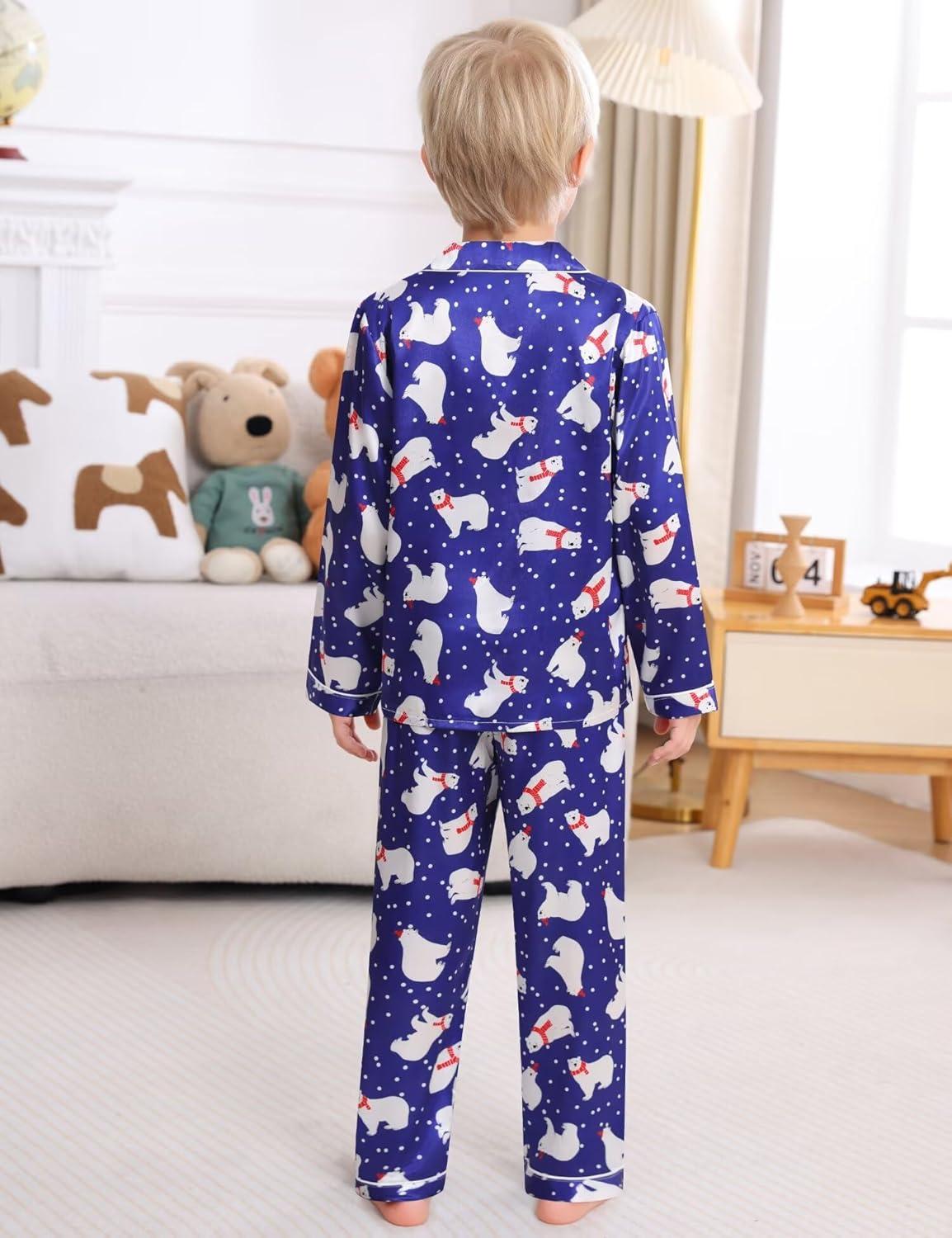 imageSWOMOG Kids Satin Pajamas Sets Girls Boys ButtonDown Pjs Short Sleeve Silk Nightwear 2 Piece Lounge SetsLong Sleevepolar Bear Blue