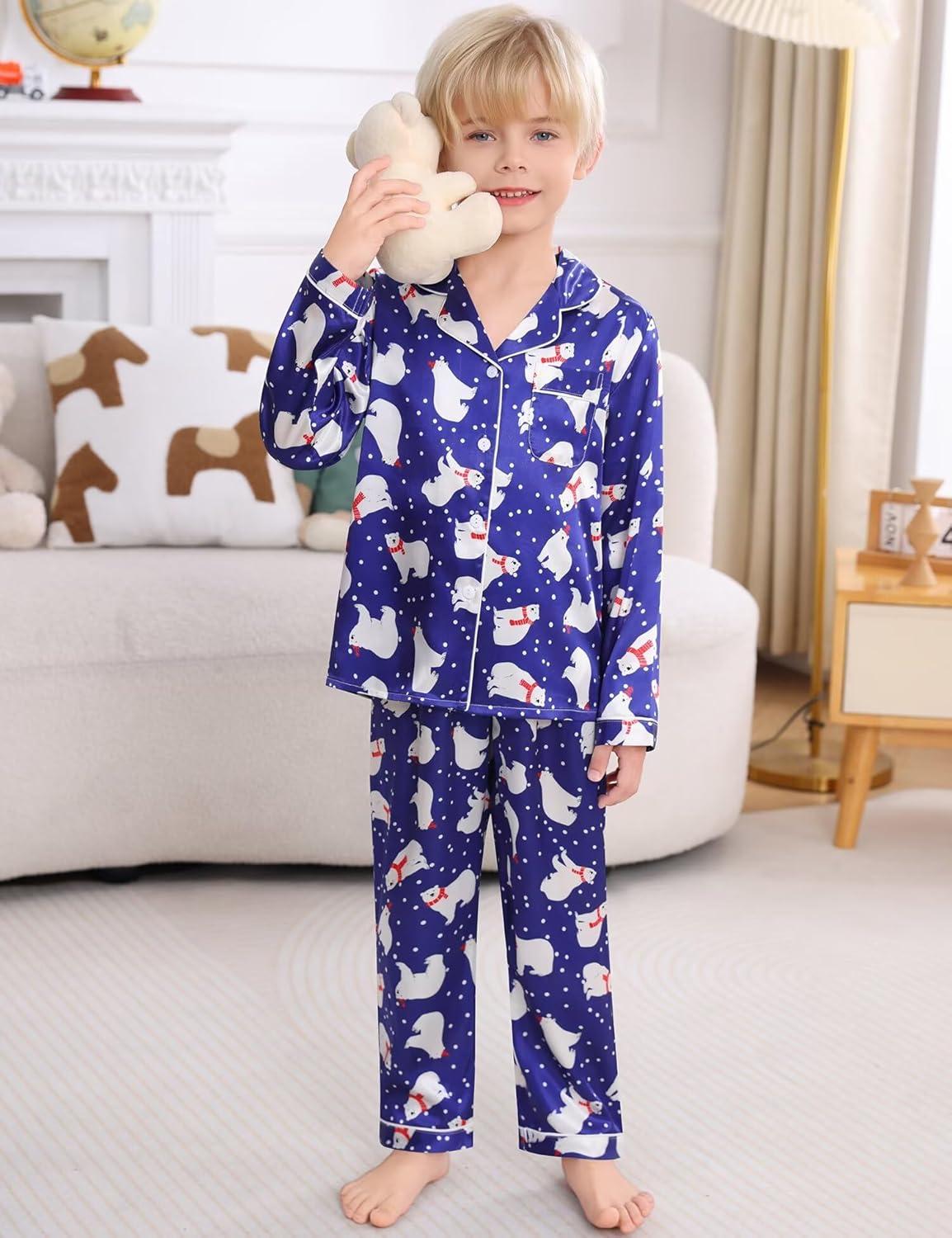 imageSWOMOG Kids Satin Pajamas Sets Girls Boys ButtonDown Pjs Short Sleeve Silk Nightwear 2 Piece Lounge SetsLong Sleevepolar Bear Blue