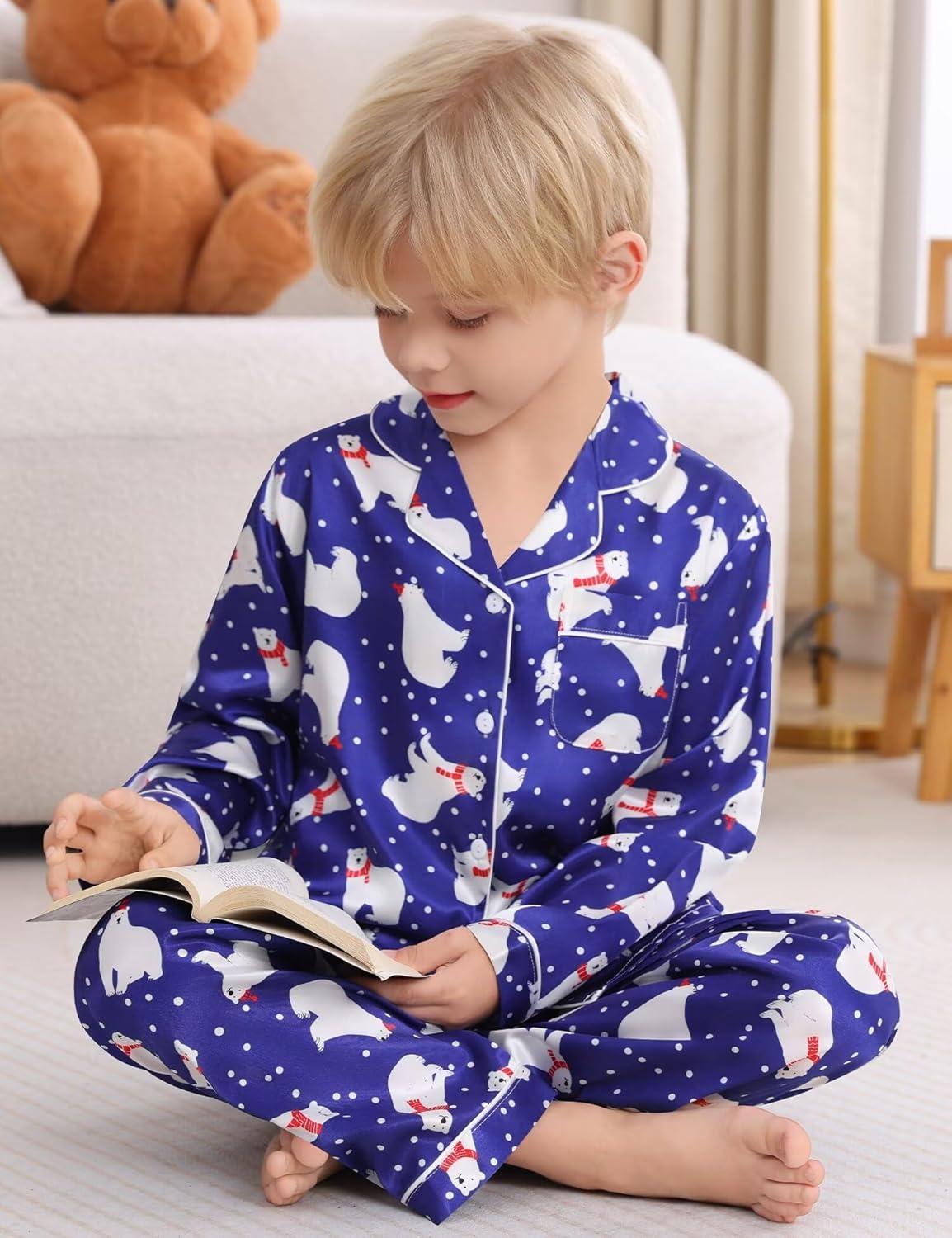 imageSWOMOG Kids Satin Pajamas Sets Girls Boys ButtonDown Pjs Short Sleeve Silk Nightwear 2 Piece Lounge SetsLong Sleevepolar Bear Blue