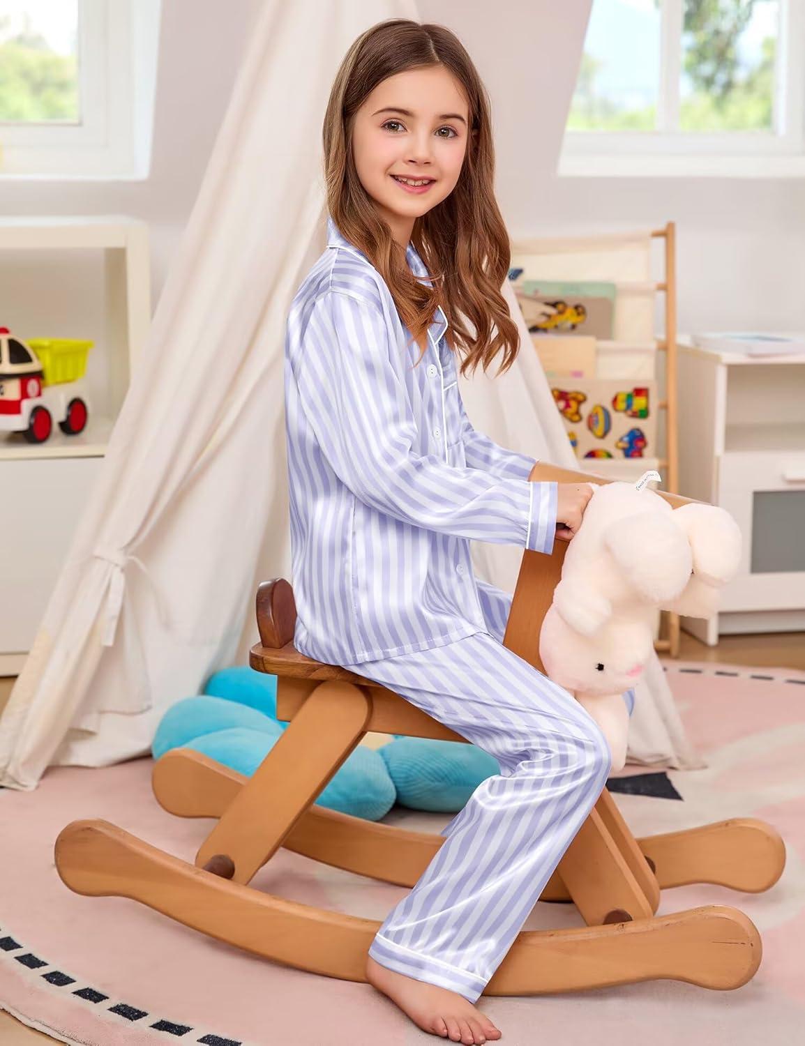 imageSWOMOG Kids Satin Pajamas Sets Girls Boys ButtonDown Pjs Short Sleeve Silk Nightwear 2 Piece Lounge SetsLong Sleevepurple Striped