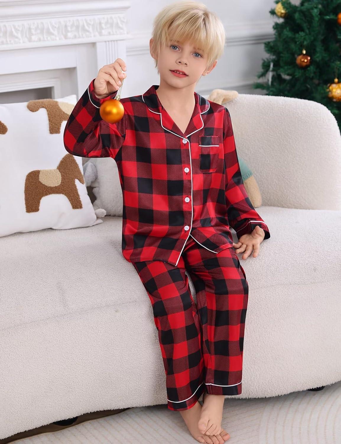 imageSWOMOG Kids Satin Pajamas Sets Girls Boys ButtonDown Pjs Short Sleeve Silk Nightwear 2 Piece Lounge SetsLong Sleevered Black Plaid