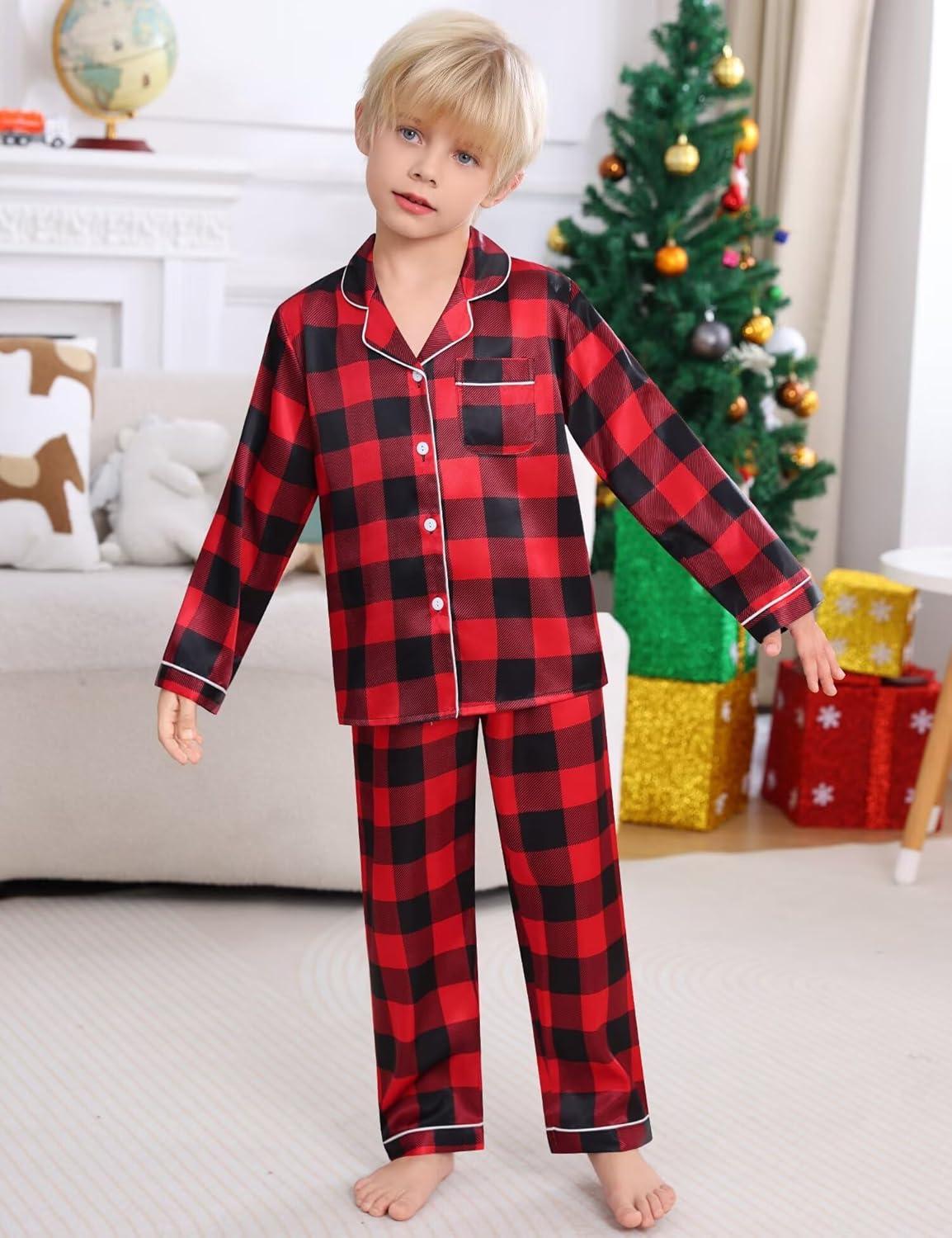 imageSWOMOG Kids Satin Pajamas Sets Girls Boys ButtonDown Pjs Short Sleeve Silk Nightwear 2 Piece Lounge SetsLong Sleevered Black Plaid