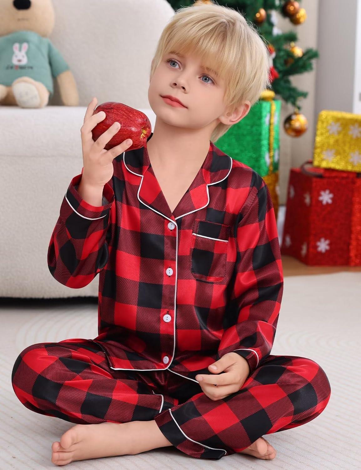 imageSWOMOG Kids Satin Pajamas Sets Girls Boys ButtonDown Pjs Short Sleeve Silk Nightwear 2 Piece Lounge SetsLong Sleevered Black Plaid