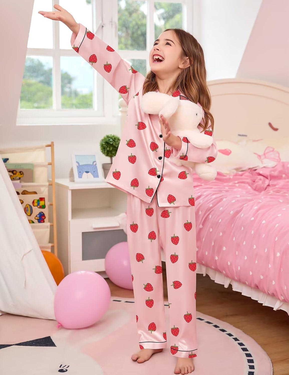 imageSWOMOG Kids Satin Pajamas Sets Girls Boys ButtonDown Pjs Short Sleeve Silk Nightwear 2 Piece Lounge SetsLong Sleevesakura Pink Strawberry