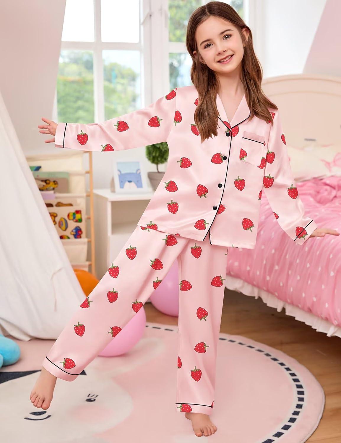 imageSWOMOG Kids Satin Pajamas Sets Girls Boys ButtonDown Pjs Short Sleeve Silk Nightwear 2 Piece Lounge SetsLong Sleevesakura Pink Strawberry