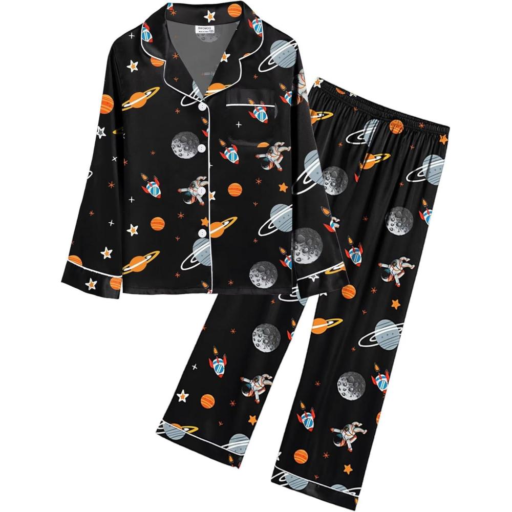 imageSWOMOG Kids Satin Pajamas Sets Girls Boys ButtonDown Pjs Short Sleeve Silk Nightwear 2 Piece Lounge SetsLong Sleeveblack Astronaut