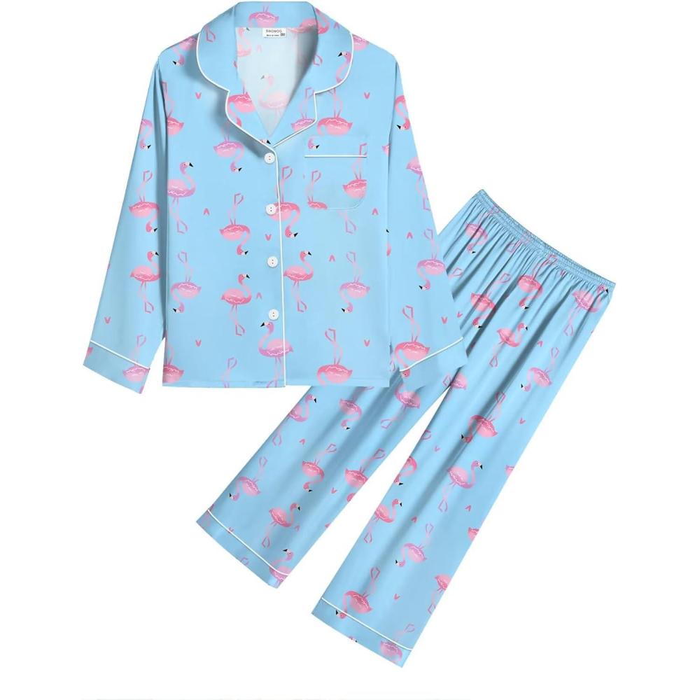 imageSWOMOG Kids Satin Pajamas Sets Girls Boys ButtonDown Pjs Short Sleeve Silk Nightwear 2 Piece Lounge SetsLong Sleeveblue Flamingo
