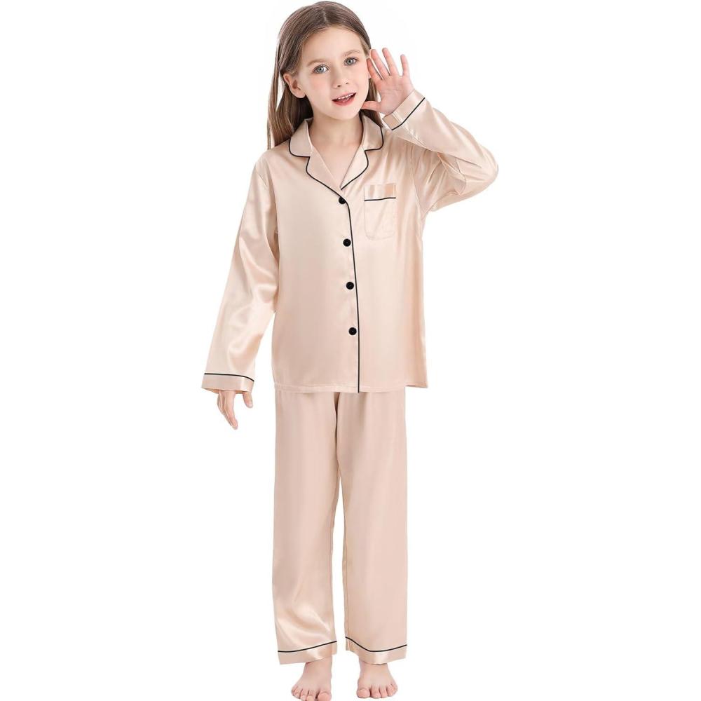 imageSWOMOG Kids Satin Pajamas Sets Girls Boys ButtonDown Pjs Short Sleeve Silk Nightwear 2 Piece Lounge SetsLong Sleevechampagne