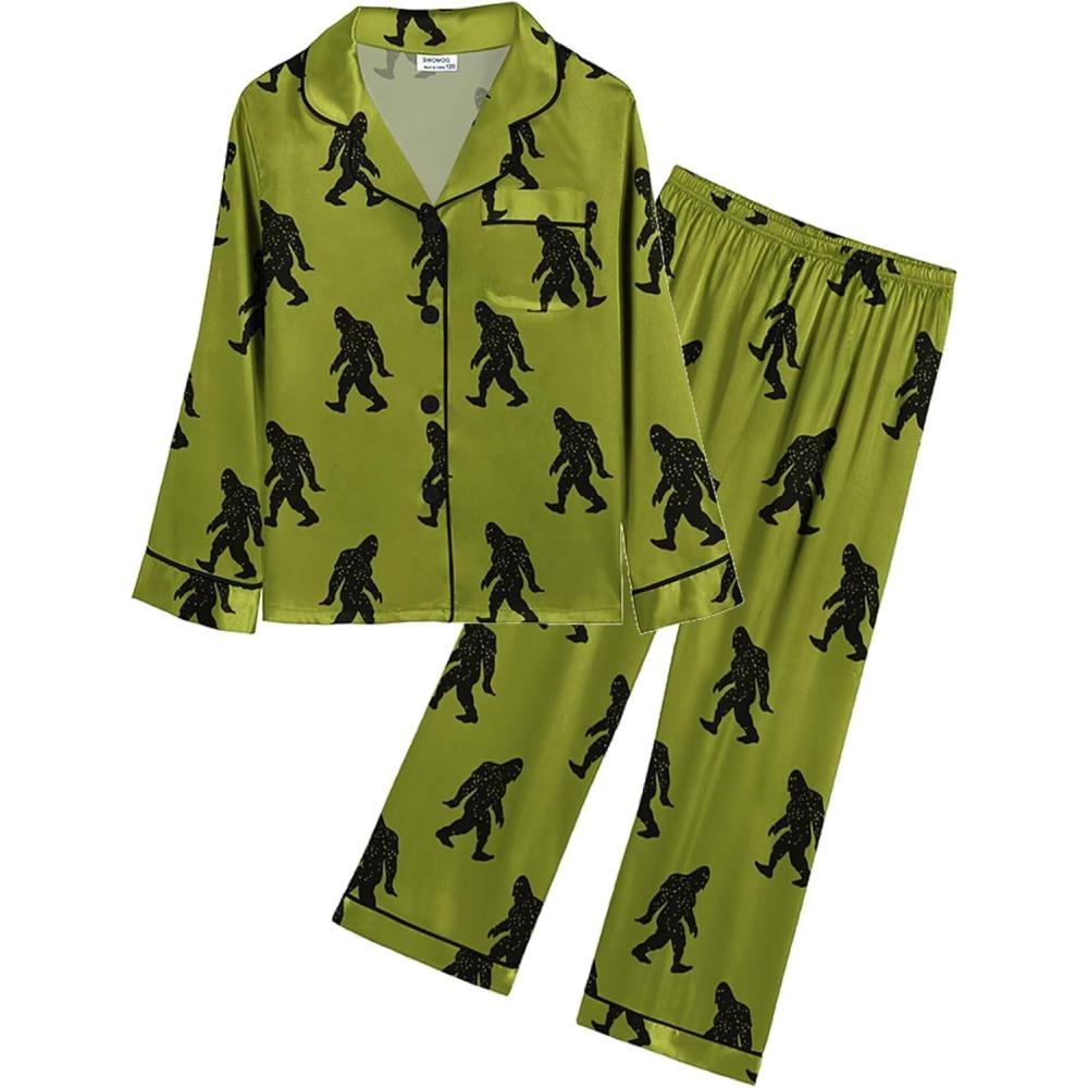 imageSWOMOG Kids Satin Pajamas Sets Girls Boys ButtonDown Pjs Short Sleeve Silk Nightwear 2 Piece Lounge SetsLong Sleevegreen Gorilla