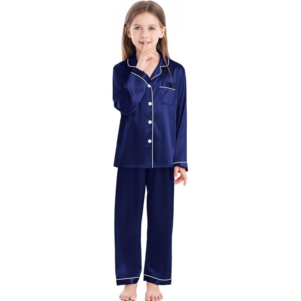 imageSWOMOG Kids Satin Pajamas Sets Girls Boys ButtonDown Pjs Short Sleeve Silk Nightwear 2 Piece Lounge SetsLong Sleevenavy Blue