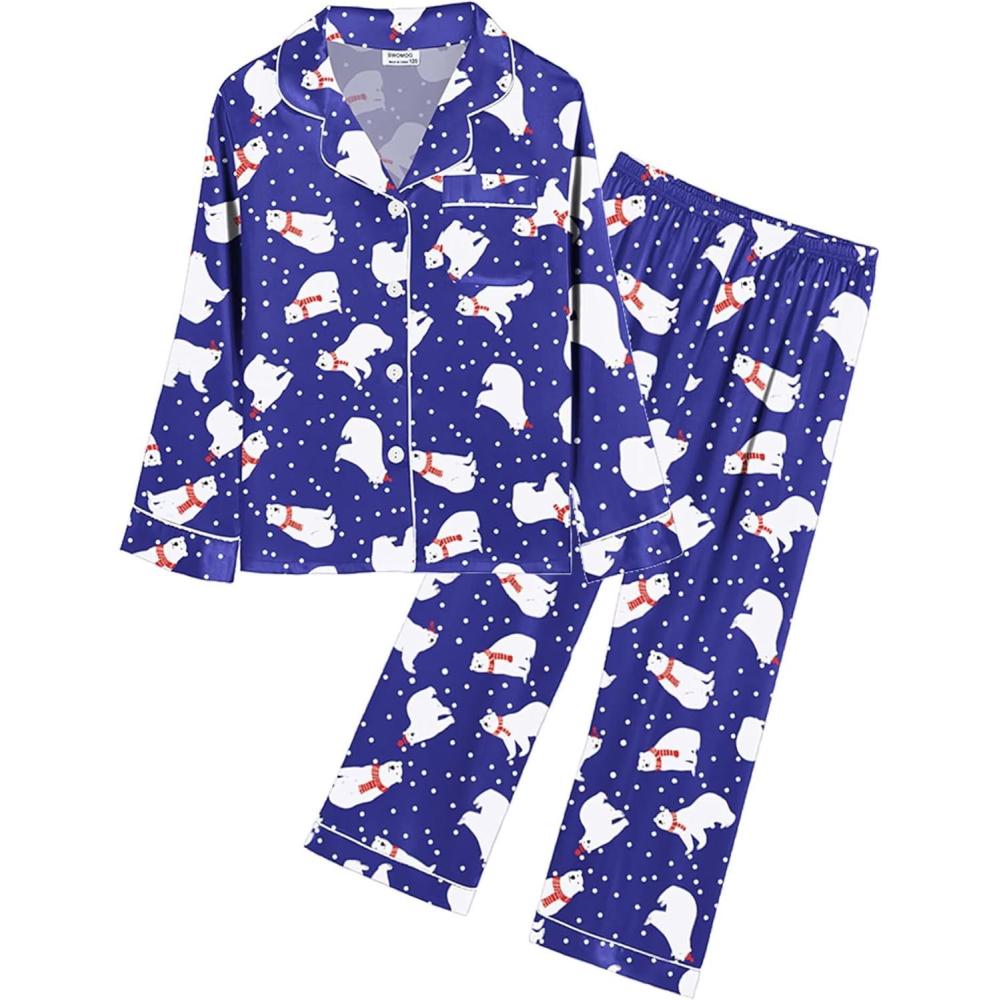 imageSWOMOG Kids Satin Pajamas Sets Girls Boys ButtonDown Pjs Short Sleeve Silk Nightwear 2 Piece Lounge SetsLong Sleevepolar Bear Blue