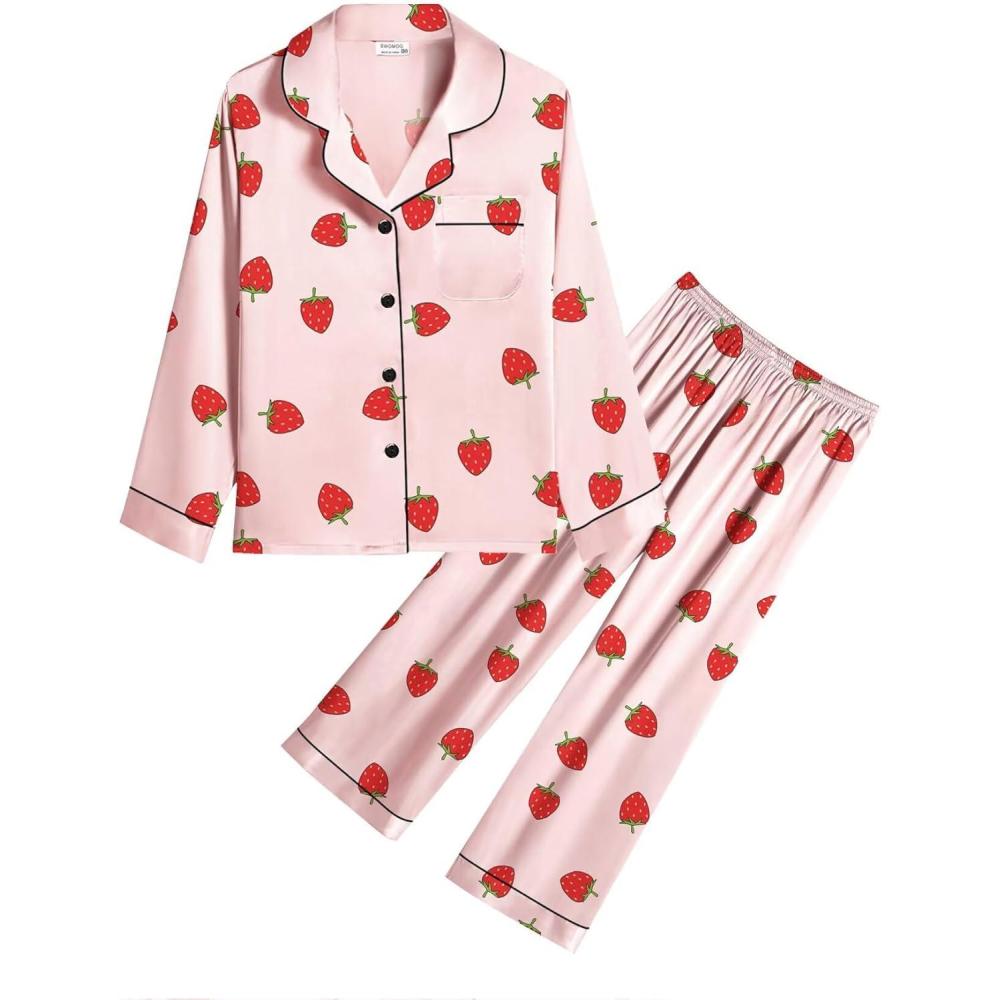imageSWOMOG Kids Satin Pajamas Sets Girls Boys ButtonDown Pjs Short Sleeve Silk Nightwear 2 Piece Lounge SetsLong Sleevesakura Pink Strawberry