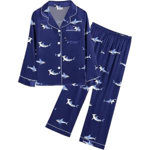 SWOMOG Kids Satin Pajamas Sets Girls Boys Button-Down Pjs Short Sleeve Silk Nightwear 2 Piece Lounge Sets(Long Sleeve-blue Shark)