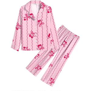 SWOMOG Kids Satin Pajamas Sets Girls Boys Button-Down Pjs Short Sleeve Silk Nightwear 2 Piece Lounge Sets(Long Sleeve-pink Bow)