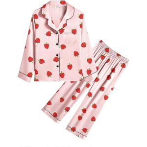 SWOMOG Kids Satin Pajamas Sets Girls Boys Button-Down Pjs Short Sleeve Silk Nightwear 2 Piece Lounge Sets(Long Sleeve-sakura Pink Strawberry)