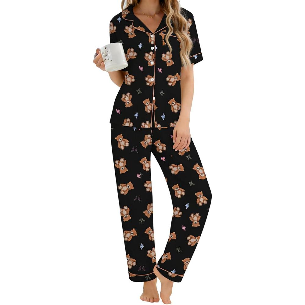 imageSWOMOG Womens 2 Piece Pajama Sets Shorts Sleeve Pajamas Cute Pj Set Lounge Matching Pjs Button Shirt with Long Pants Black Brown Bear XXLarge