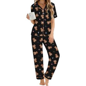 SWOMOG Women’s 2 Piece Pajama Sets Shorts Sleeve Pajamas Cute Pj Set Lounge Matching Pjs Button Shirt with Long Pants Black Brown Bear XX-Large