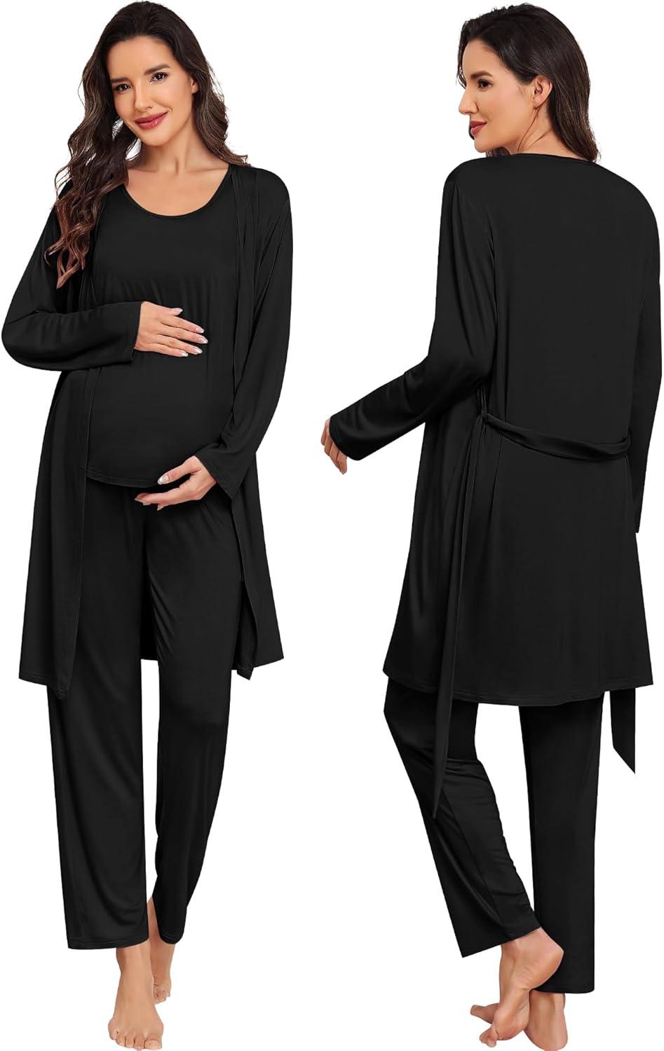 imageSWOMOG Women Maternity Nursing Robe Set 3 PCS Labor Delivery Breastfeeding Pajama Postpartum Pjs for Hospital PregnancyBlack