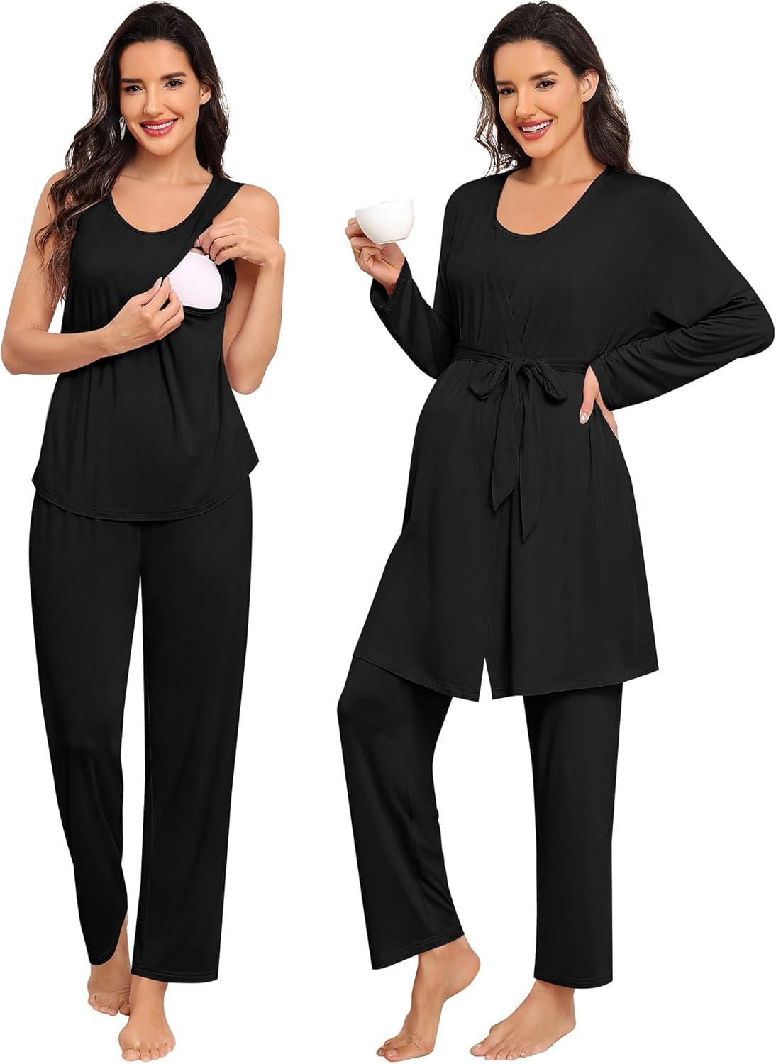 imageSWOMOG Women Maternity Nursing Robe Set 3 PCS Labor Delivery Breastfeeding Pajama Postpartum Pjs for Hospital PregnancyBlack