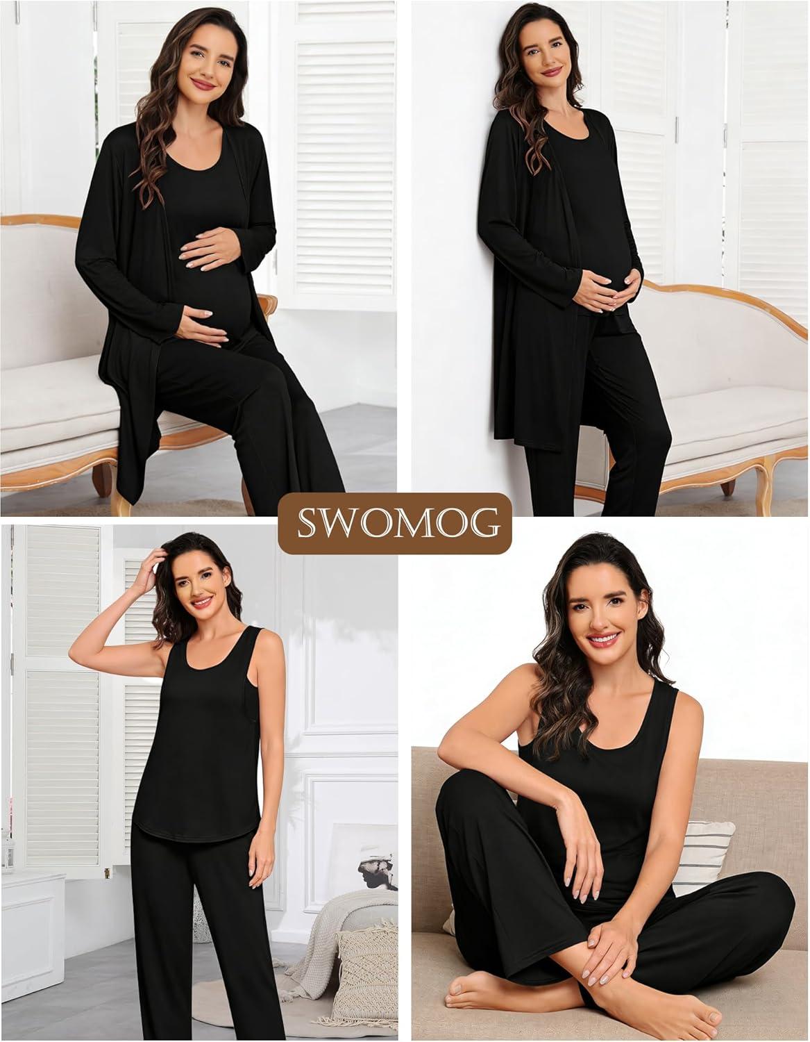imageSWOMOG Women Maternity Nursing Robe Set 3 PCS Labor Delivery Breastfeeding Pajama Postpartum Pjs for Hospital PregnancyBlack