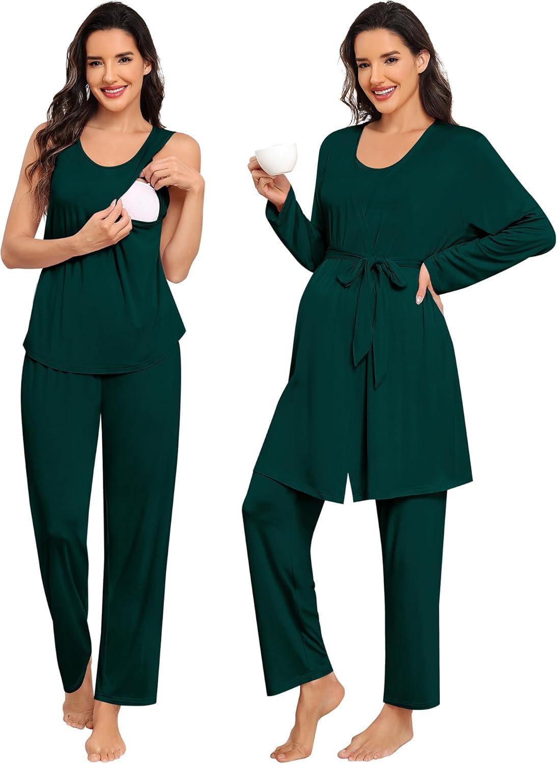 imageSWOMOG Women Maternity Nursing Robe Set 3 PCS Labor Delivery Breastfeeding Pajama Postpartum Pjs for Hospital PregnancyEmerald Green
