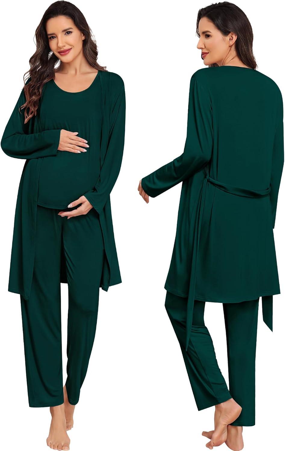 imageSWOMOG Women Maternity Nursing Robe Set 3 PCS Labor Delivery Breastfeeding Pajama Postpartum Pjs for Hospital PregnancyEmerald Green