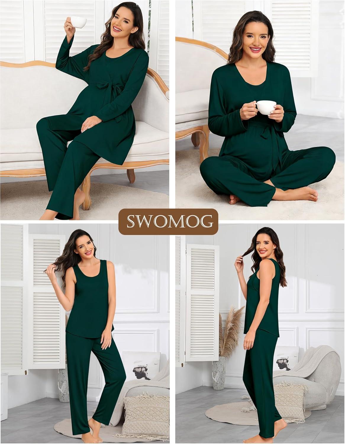 imageSWOMOG Women Maternity Nursing Robe Set 3 PCS Labor Delivery Breastfeeding Pajama Postpartum Pjs for Hospital PregnancyEmerald Green