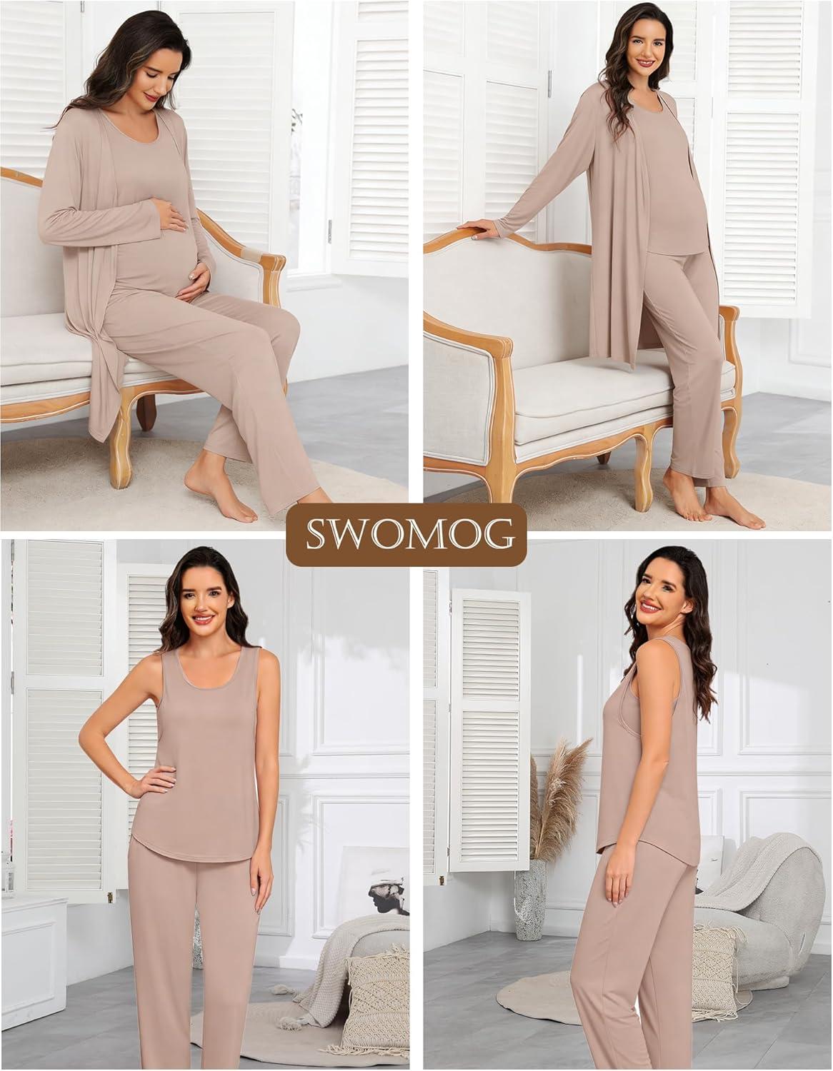 imageSWOMOG Women Maternity Nursing Robe Set 3 PCS Labor Delivery Breastfeeding Pajama Postpartum Pjs for Hospital PregnancyLight Brown