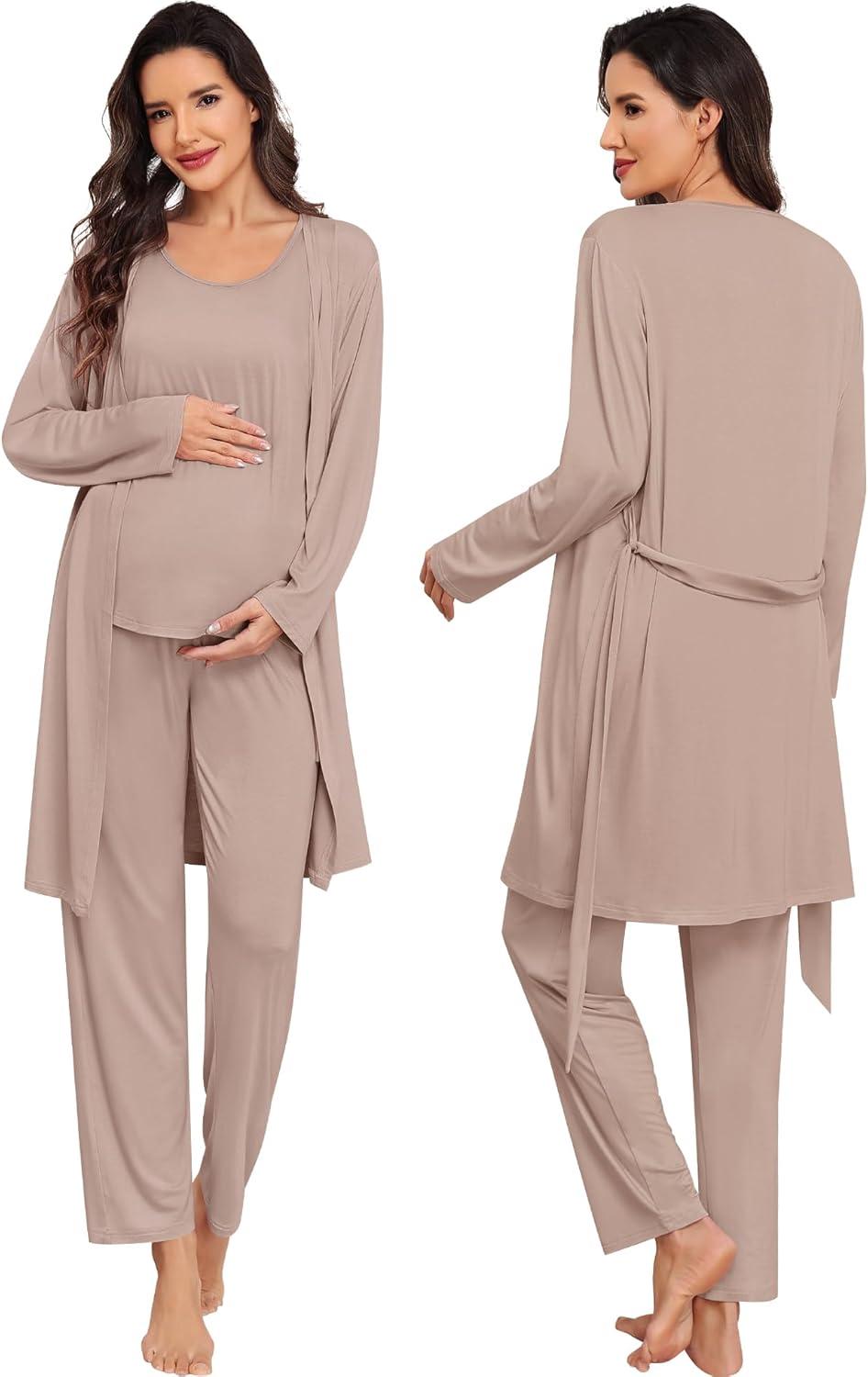 imageSWOMOG Women Maternity Nursing Robe Set 3 PCS Labor Delivery Breastfeeding Pajama Postpartum Pjs for Hospital PregnancyLight Brown