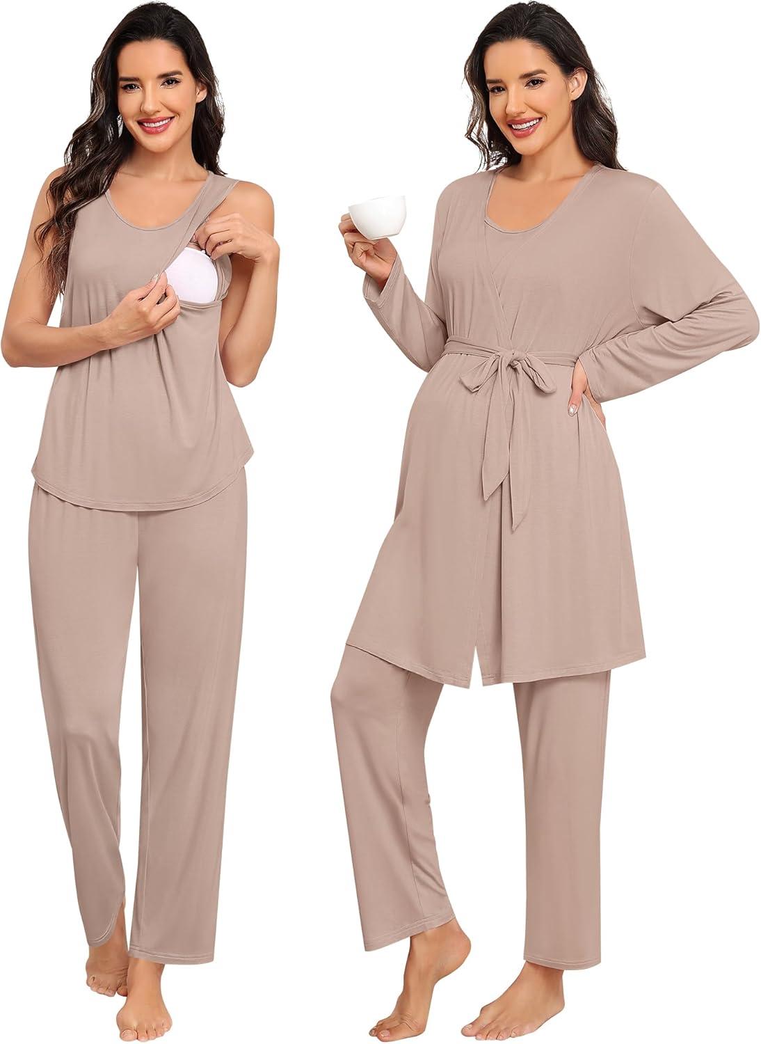 imageSWOMOG Women Maternity Nursing Robe Set 3 PCS Labor Delivery Breastfeeding Pajama Postpartum Pjs for Hospital PregnancyLight Brown