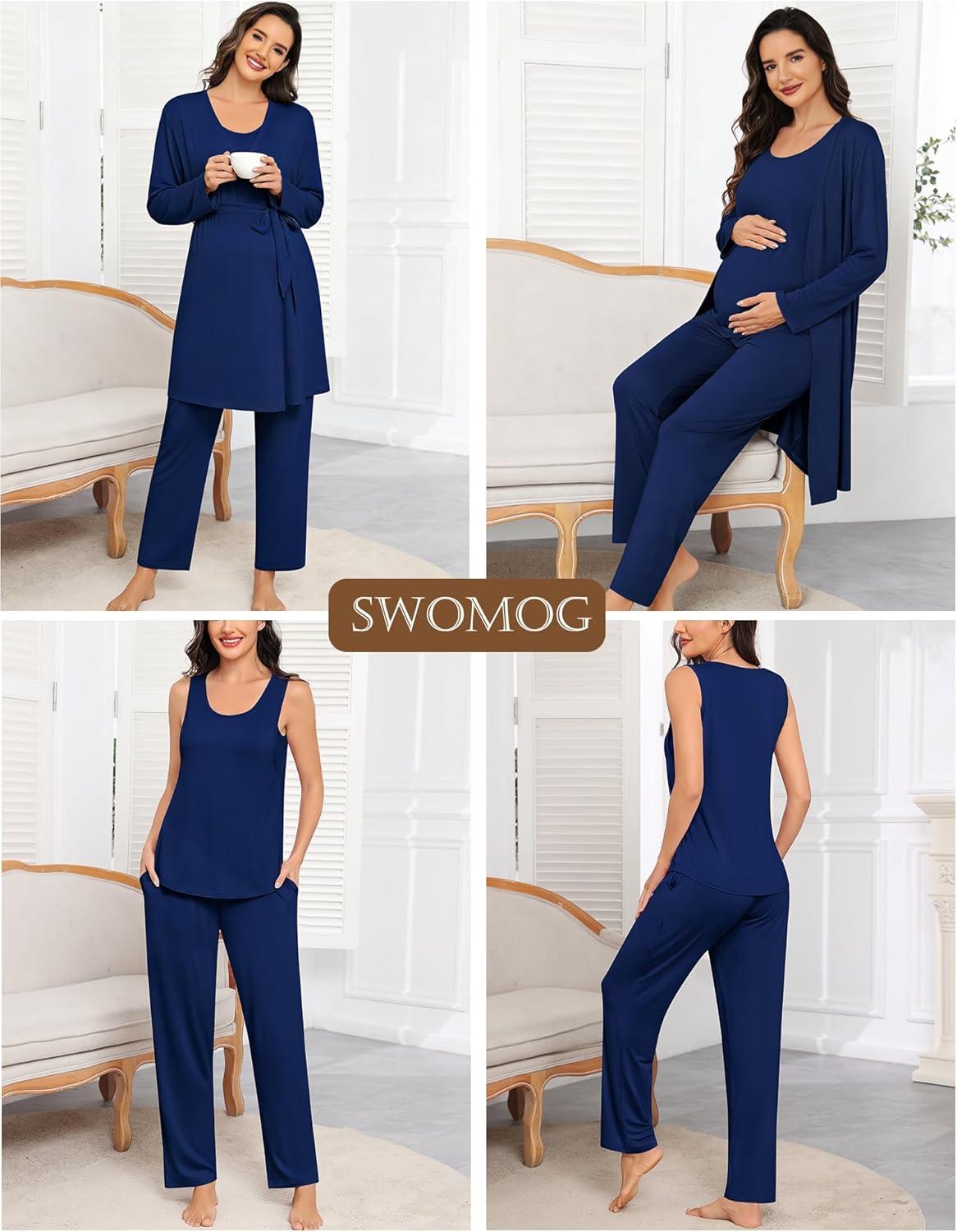 imageSWOMOG Women Maternity Nursing Robe Set 3 PCS Labor Delivery Breastfeeding Pajama Postpartum Pjs for Hospital PregnancyNavy Blue