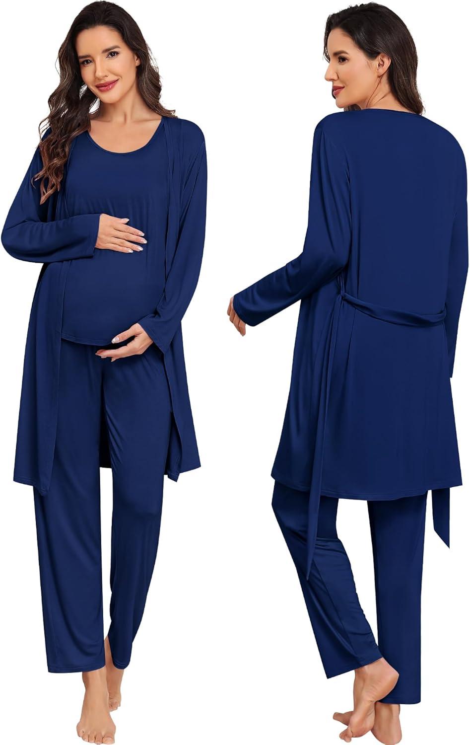 imageSWOMOG Women Maternity Nursing Robe Set 3 PCS Labor Delivery Breastfeeding Pajama Postpartum Pjs for Hospital PregnancyNavy Blue